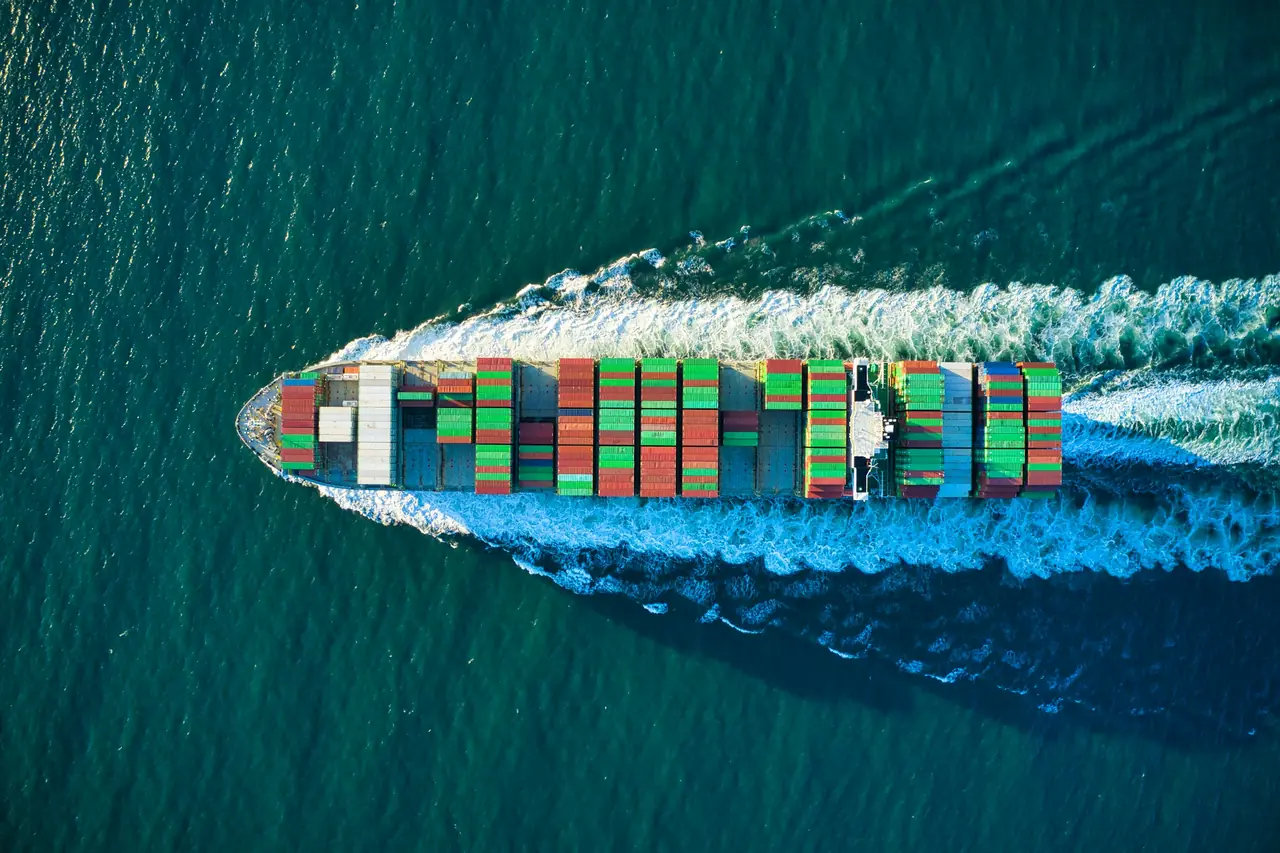 Container ship at sea, seen from above